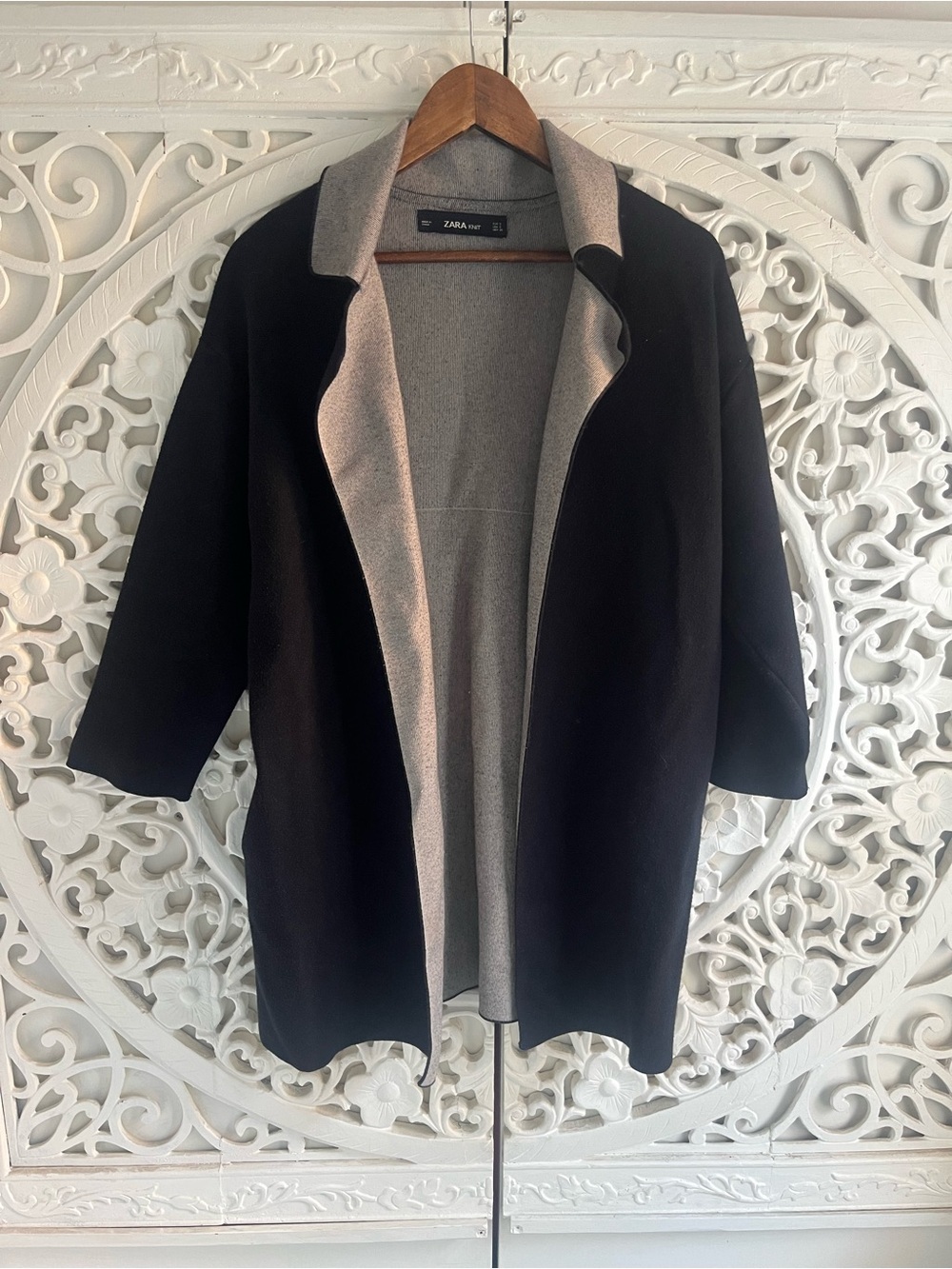 Zara Knit Open Front Cardigan Coat Navy Gray Soft Minimalist Size Small